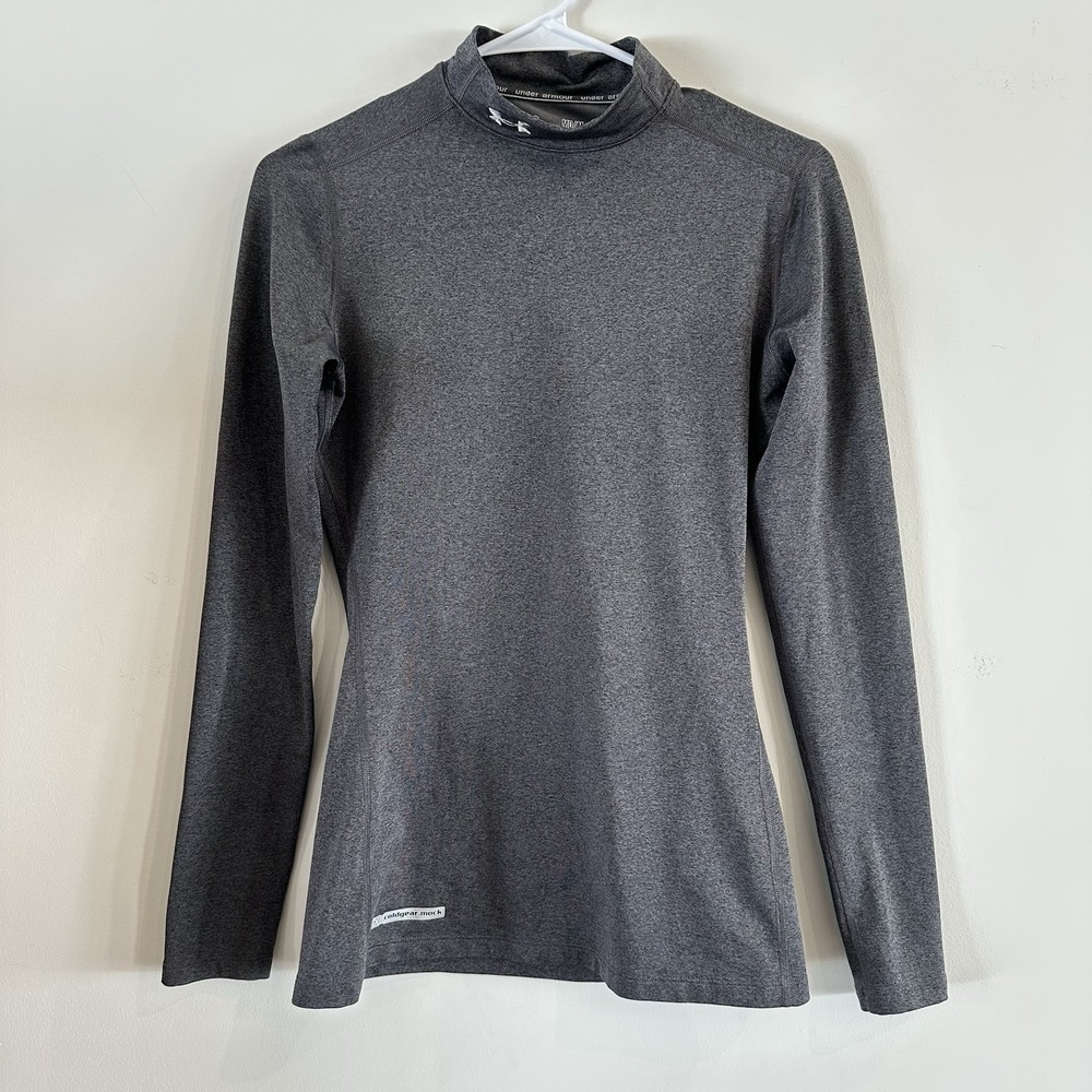 Under Armour Womens Mock Neck Pullover Shirt Fitted Long Sleeve Heathered Gray M